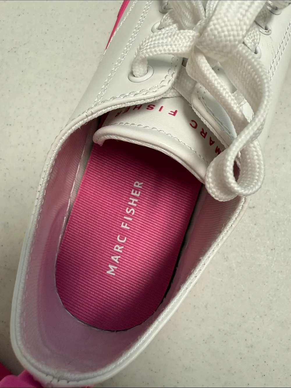 Marc Fisher White and Pink Women's Leather Lace-Up Sneakers